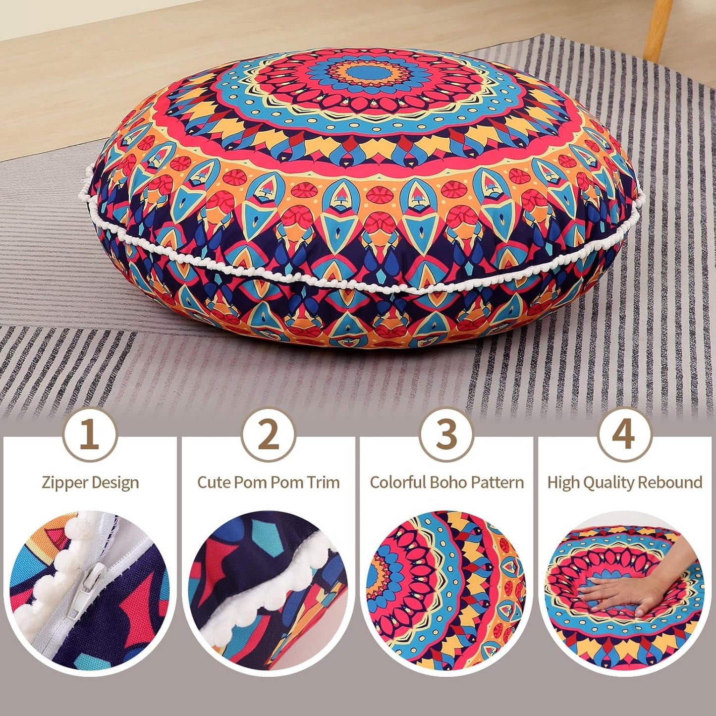 LOVMOC 32 Inch Round Floor Pillow for Adults, Large Thick Memory Foam Boho Mandala Meditation Floor Seating Cushion, Machine Washable for Living Room Outdoor Yoga Floor Sitting, Navy Blue