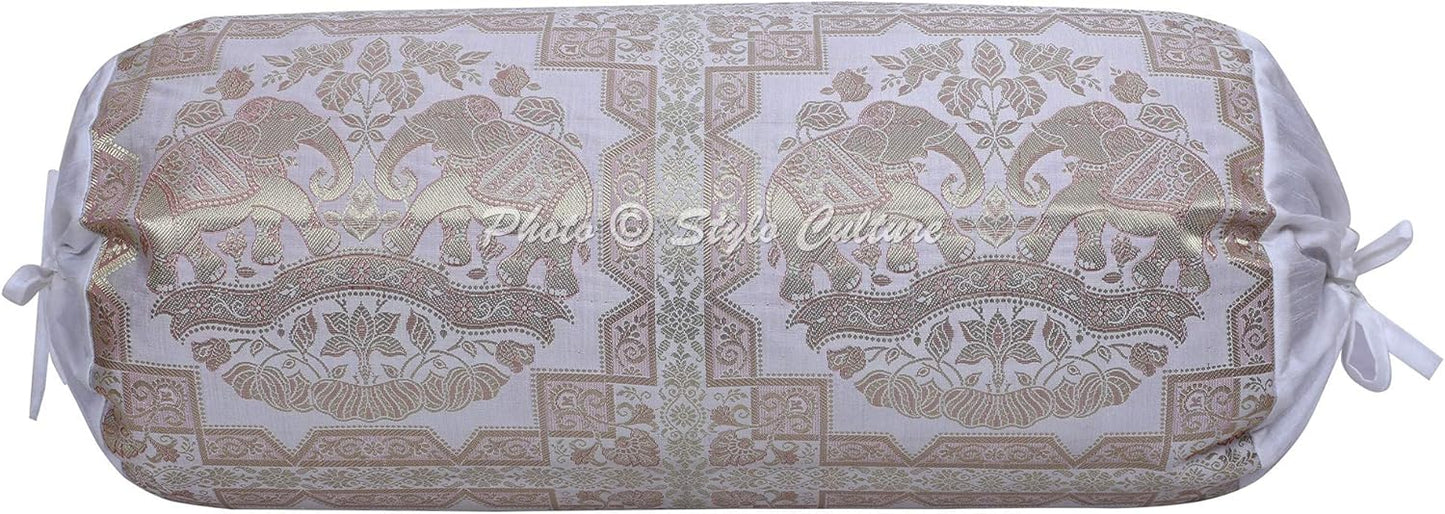 Ethnic Decorative Brocade Bolster Pillow Covers White Gold Elephant Jacquard Weave Round Tube Pillow Traditional Floral Cylindrical Cushion Covers - (76x38 cm) | Set of 2 Pcs
