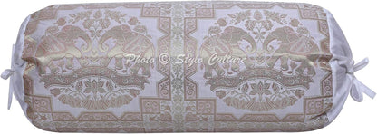 Ethnic Decorative Brocade Bolster Pillow Covers White Gold Elephant Jacquard Weave Round Tube Pillow Traditional Floral Cylindrical Cushion Covers - (76x38 cm) | Set of 2 Pcs