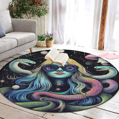 Machine Washable Modern Round Area Rug, Room Sofa Yoga Soft Round Carpet, Home Decor Non Slip Kitchen Office Circle Rug Trippy Rainbow Mushroom Tie Dye Art, 60inch