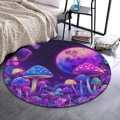 Machine Washable Modern Round Area Rug, Room Sofa Yoga Soft Round Carpet, Home Decor Non Slip Kitchen Office Circle Rug Trippy Rainbow Mushroom Tie Dye Art, 60inch