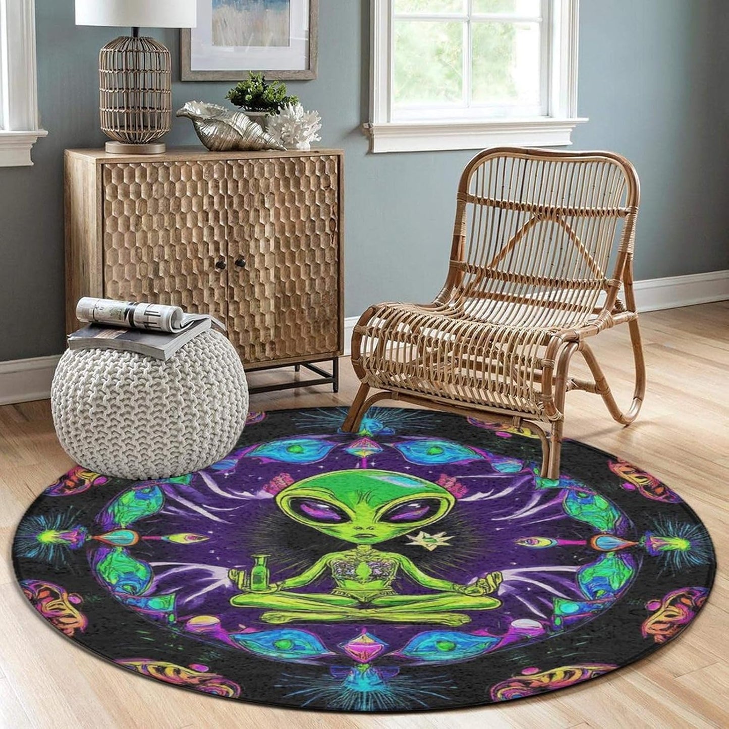 Home Decor Non Slip Kitchen Office Circle Rug, Machine Washable Modern Round Area Rug, Room Sofa Yoga Soft Round Carpet Purple Galaxy Trippy Space Astronaut Art, 36inch