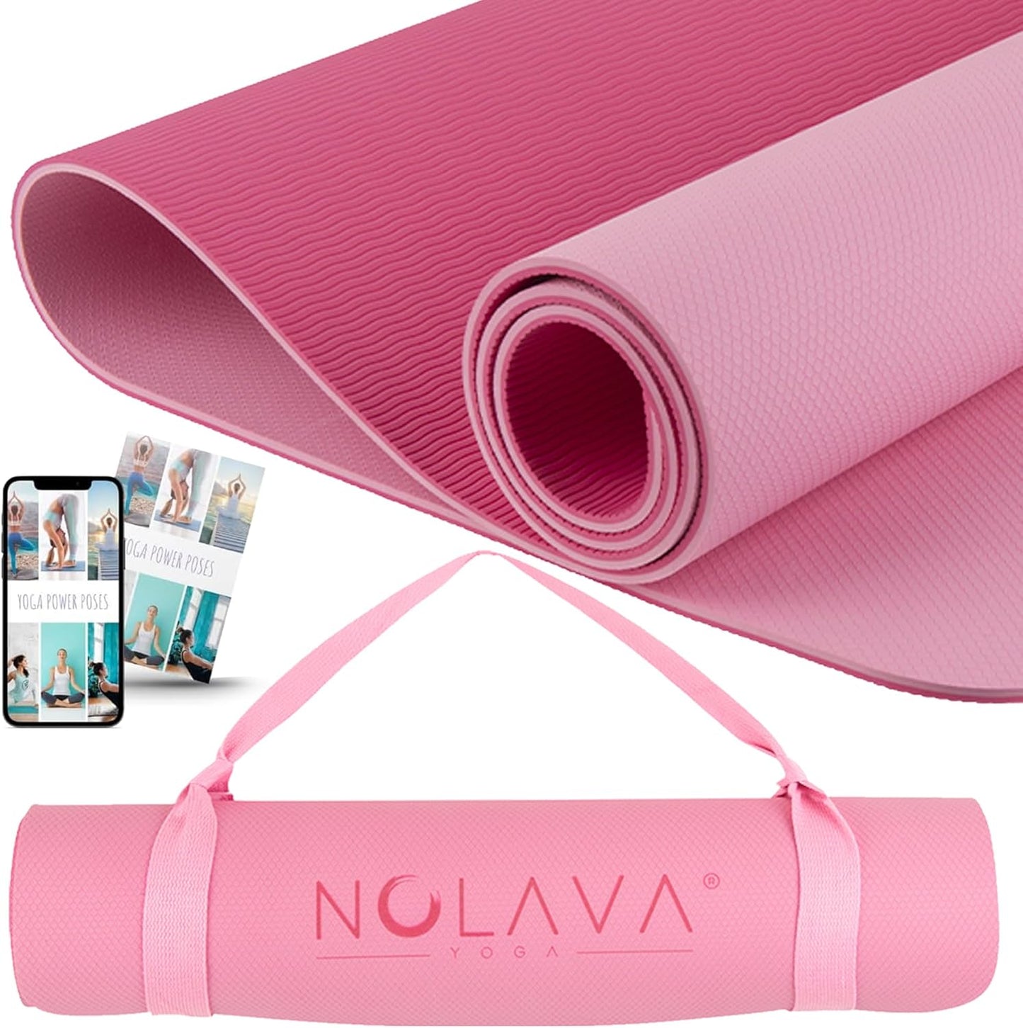 Nolava Yoga Mat with Bag – 72 x 24 inch, 1/4 inch Thick Non-Slip Mat – Includes Slap Band, Black Zippered Carry Tote with Mat Sleeve & Inner Pocket – For Yoga, Pilates, Home or Studio.