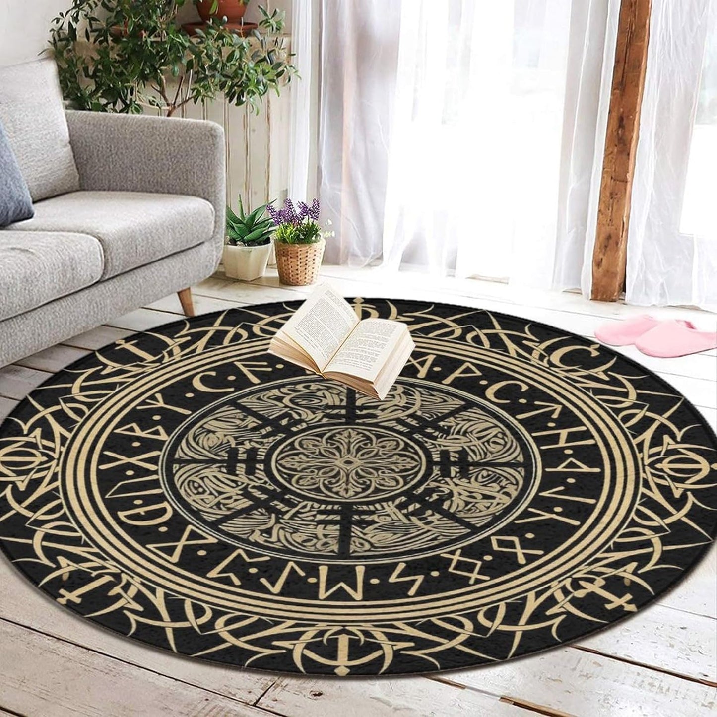 Soft Round Yoga Carpet, Large Home Decor Mat, Non-Slip Machine Washable Kitchen Office Circle Rug Compatible with Cool Norse Viking Vegvisir Runic Compass
