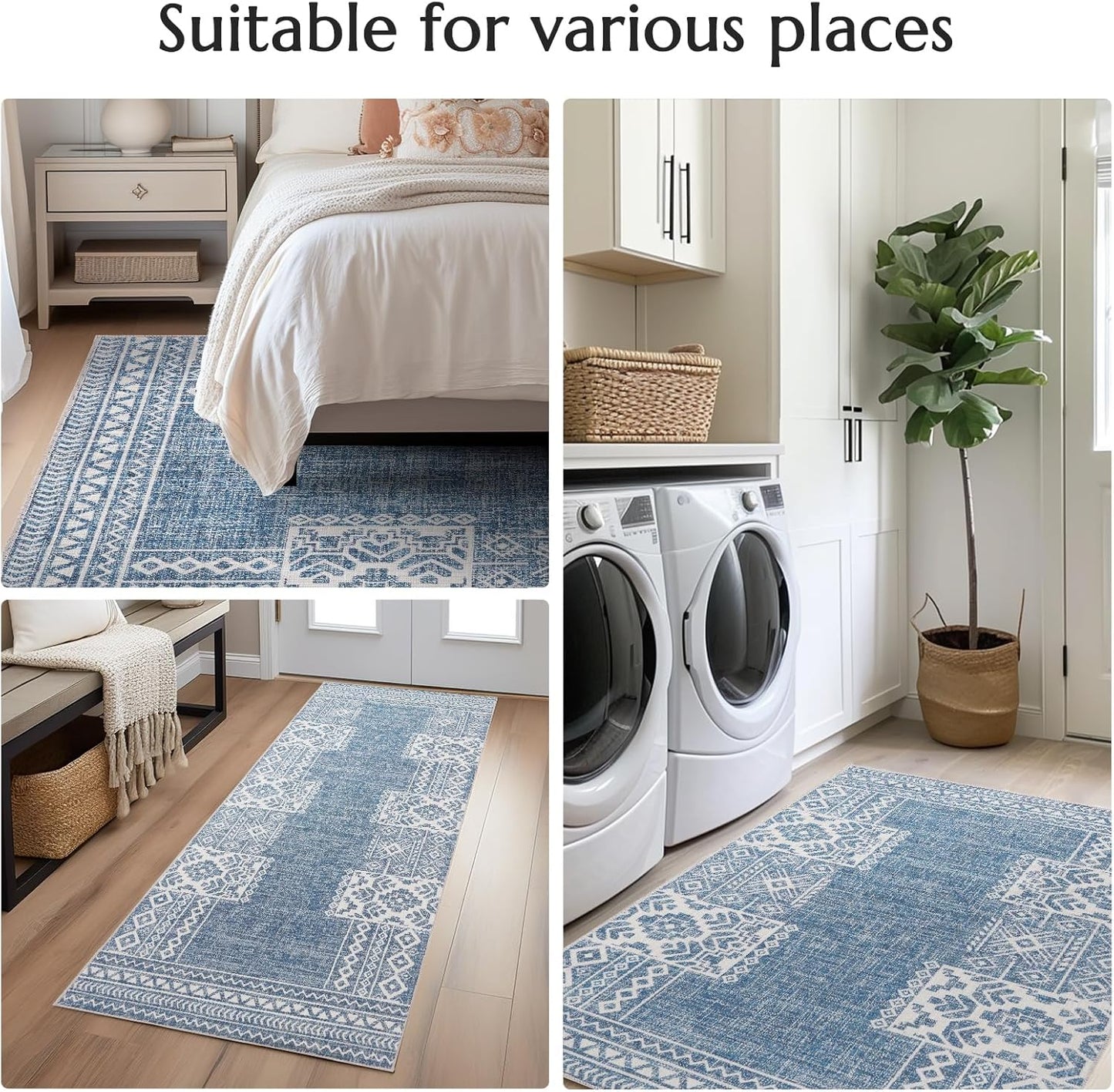 jinchan Area Rug 4x6 Ultra-Thin Washable Vintage Boho Geometric Entryway Rug Non-Slip Non-Shedding Carpet for Living Room Bedroom Blue Ivory
