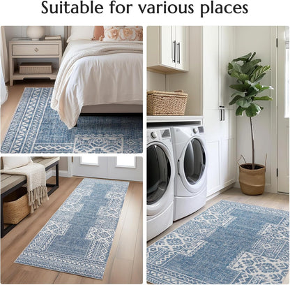 jinchan Area Rug 4x6 Ultra-Thin Washable Vintage Boho Geometric Entryway Rug Non-Slip Non-Shedding Carpet for Living Room Bedroom Blue Ivory
