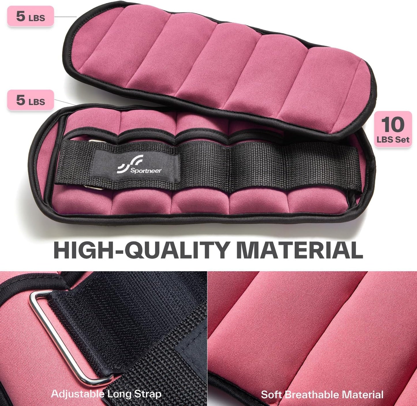 Sportneer Adjustable Ankle Weights Set - 1 Pair (2-10 lbs) Removable Sandbags for Women & Men, Comfortable Neoprene Leg Weights for Walking, Running, Pilates, Yoga, Home Workout & Physical Therapy