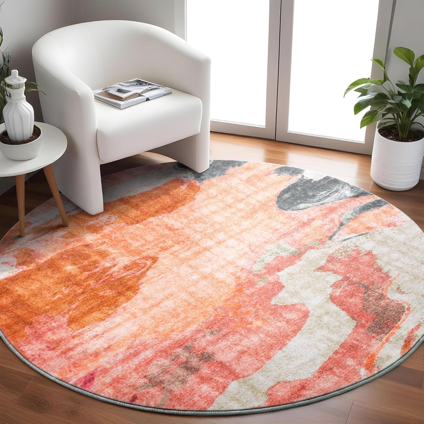 Carvapet 4ft Washable Round Rugs, Modern Abstract Circle Rug, Non Slip Rubber Backing Foldable Low Pile Carpet for Living Room Bedroom, 4ft Red/Orange Rug
