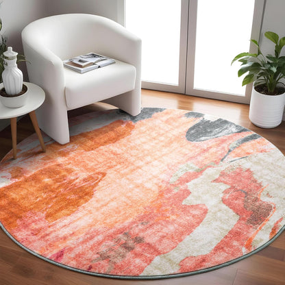 Carvapet 4ft Washable Round Rugs, Modern Abstract Circle Rug, Non Slip Rubber Backing Foldable Low Pile Carpet for Living Room Bedroom, 4ft Red/Orange Rug