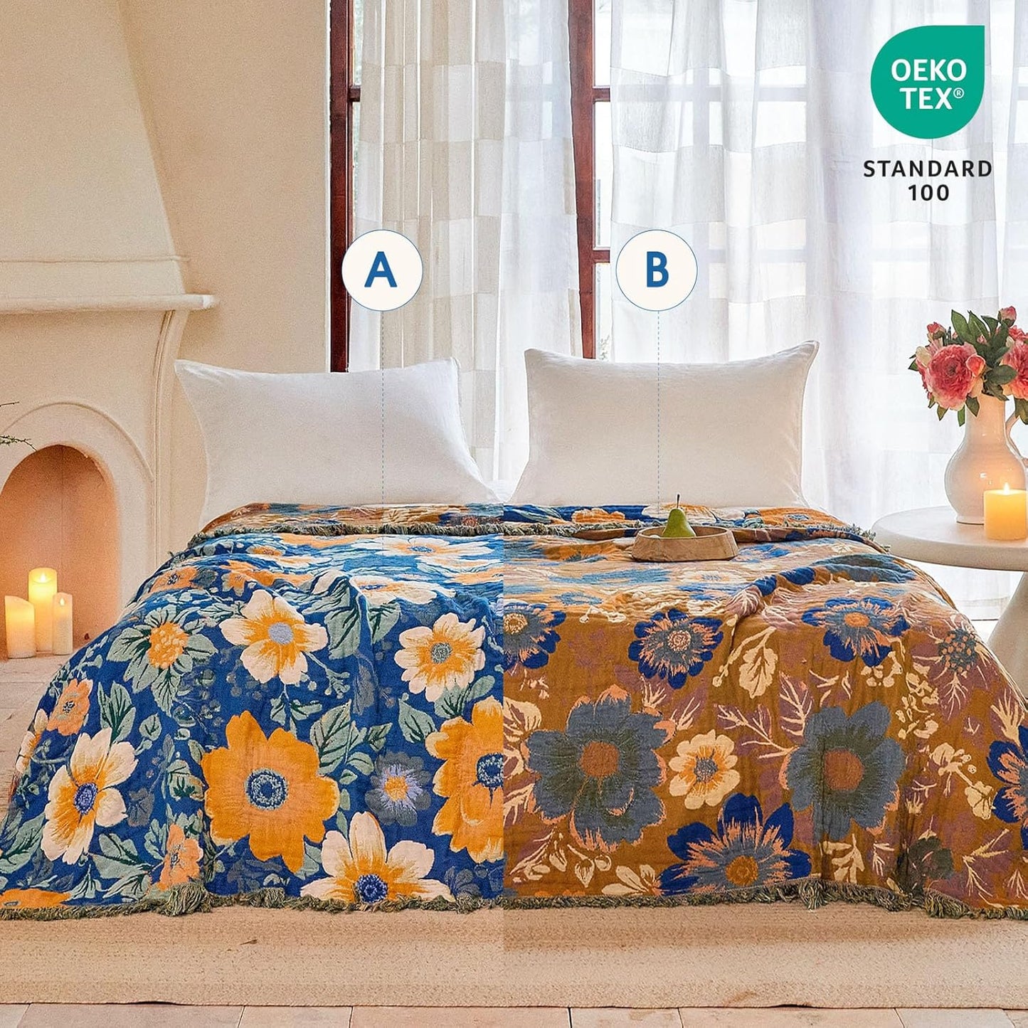 Boho Throw Blanket - 100% Cotton Soft Summer Throw Blanket for Bed, 50"x60" Reversible Breathable Lightweight Blankets, All Seasons Farmhouse Decor Floral Plant Butterfly Throw Quilt
