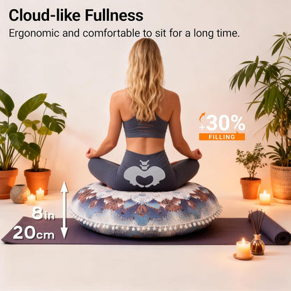 Meditation Cushion 32 Inch Round, Large Floor Pillow Seating for Adults, Bohemian Mandala Yoga Cushion, Extra Thick Memory Foam Removable Washable Cover, Ideal Gift & Holiday Decor, Blue
