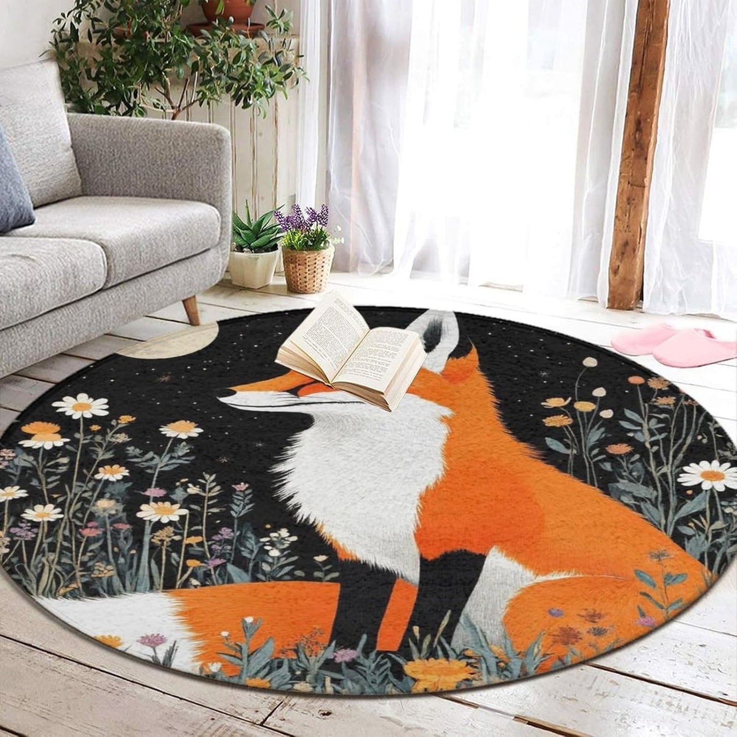 Large Home Decor Mat, Soft Round Yoga Carpet, Non Slip Machine Washable Home Office Circle Rug Gothic Witchy Sun Moon Mushroom Moth