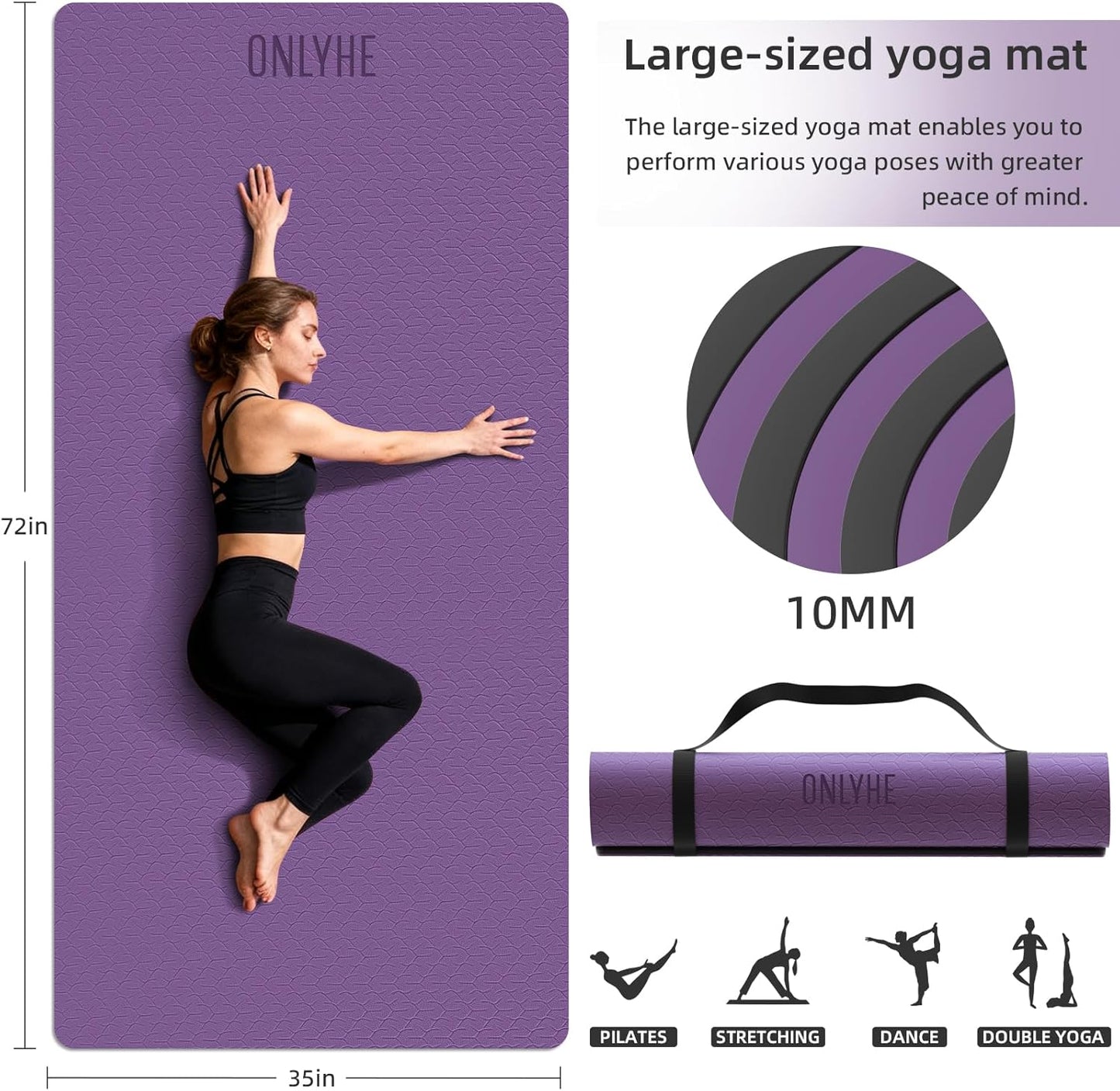 Yoga Mat Thick(10mm) Exercise Mat Non Slip Anti-tear,72"x35" Extra Large Pilates Mats for Home Workouts, Gym & Floor Stretching with Carrier Strap