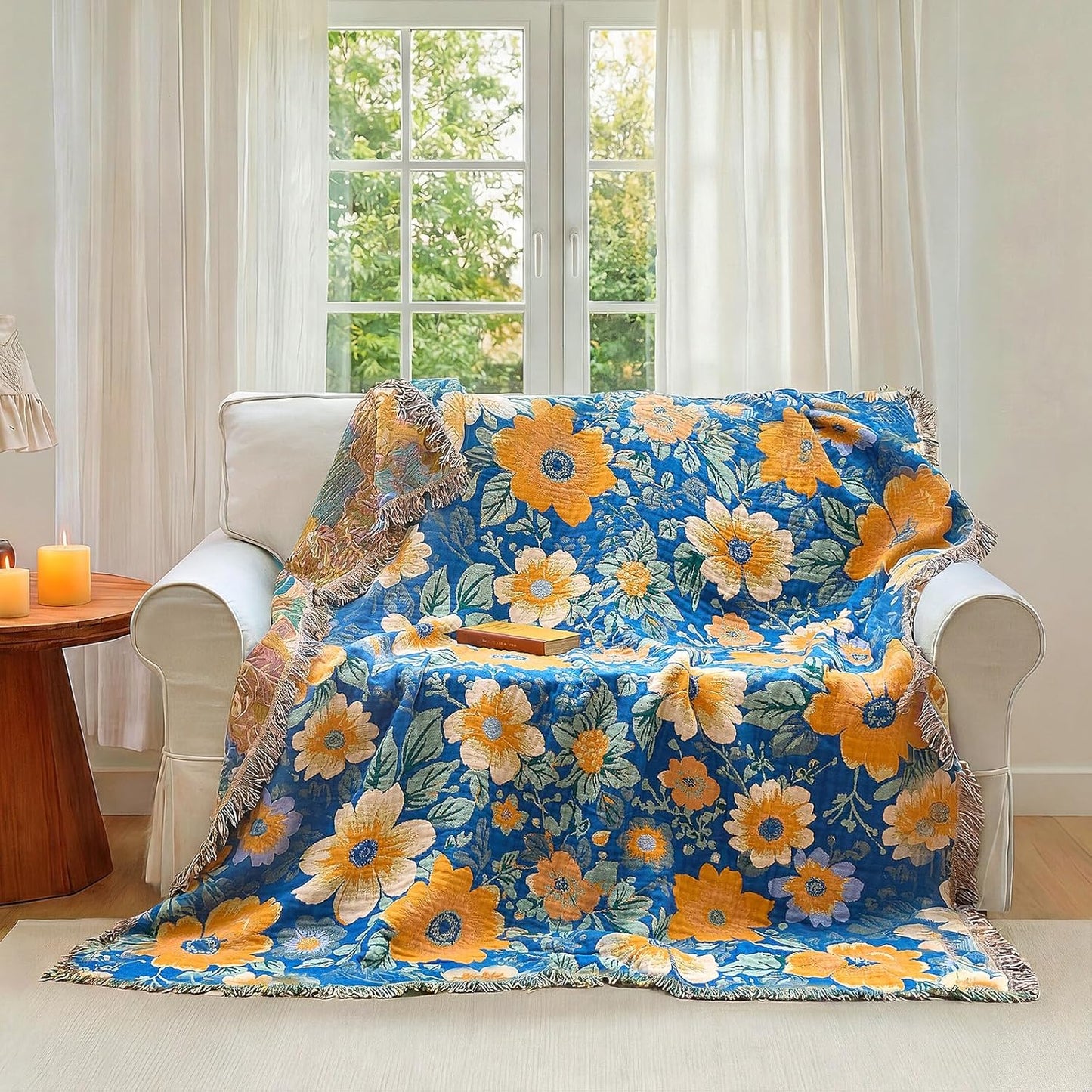 Boho Throw Blanket - 100% Cotton Soft Summer Throw Blanket for Bed, 50"x60" Reversible Breathable Lightweight Blankets, All Seasons Farmhouse Decor Floral Plant Butterfly Throw Quilt