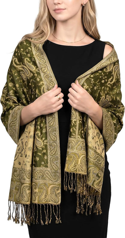 Achillea Reversible Paisley Pashmina Rave Scarf – Exotic Indian Shawls and Wraps for Evening Dresses, Festivals, All Seasons - Colors B