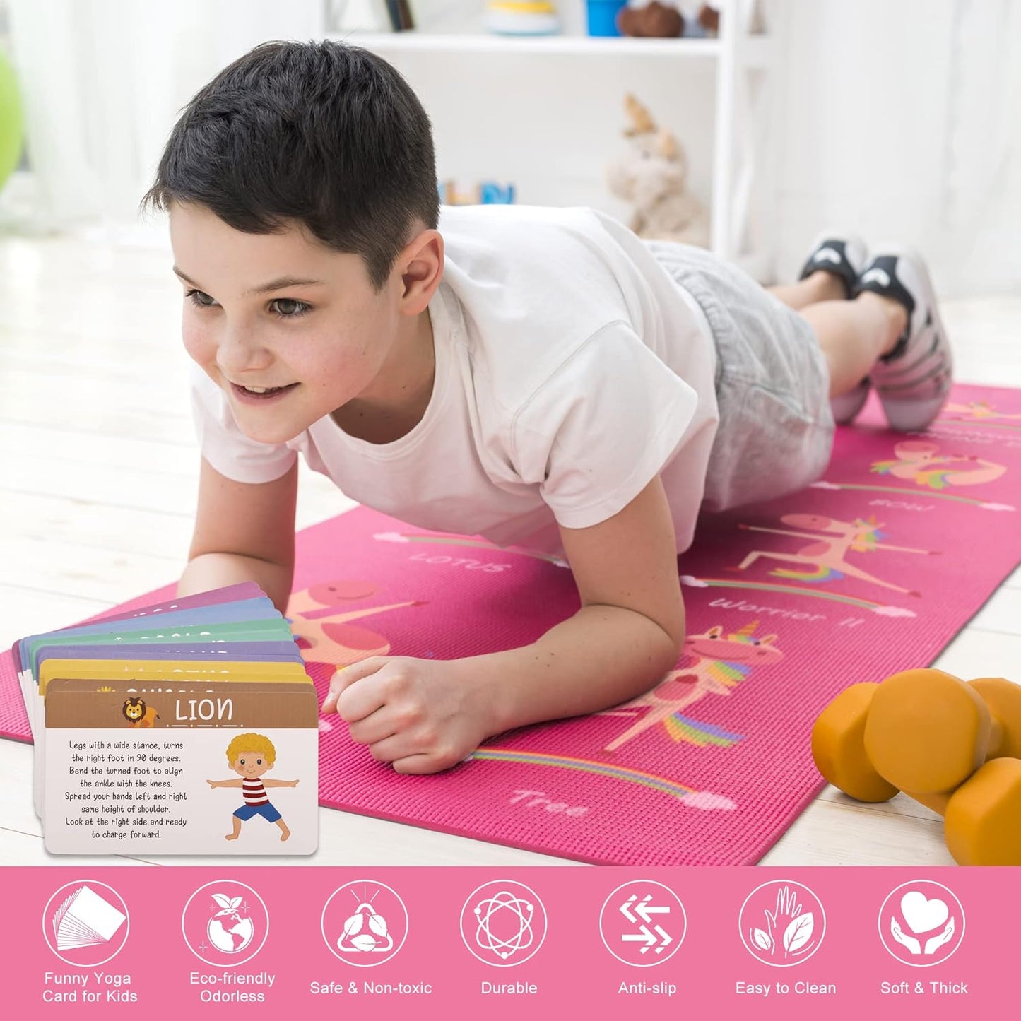Garybank Kids Yoga Mat Set - Non-slip Exercise Mats with Fun Prints - 12 Yoga Cards - Carrier Bag - Odor Free Non-Toxic, Cute Yoga Mat for Girls & Boys (60 X 24 X 0.2 Inch)