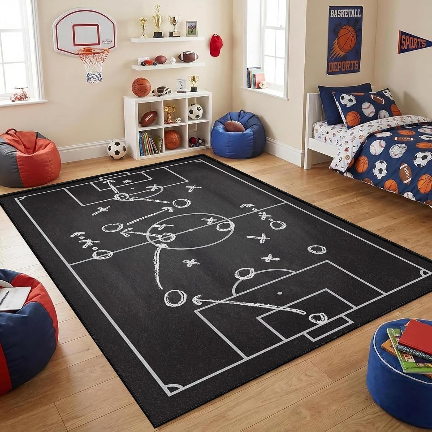 Sports Field Area Rug,5x7ft, Soccer Field Chalked Blackboard Football Stadium Board Painted Non-Slip Soft Carpet Floor Mat Indoor Living Room Bedroom Rugs Yoga Mat Home Decor