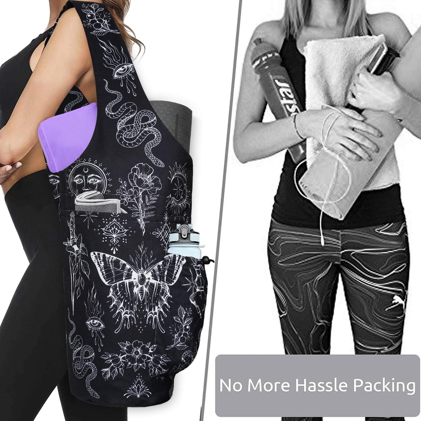 Yoga Mat Bag - Large Opening Long Tote Yoga Mat Carrier Holder Bag with Waterproof Wet Zipper Pocket and Drawstring Water Bottle Pocket - Yoga Bag Fit Most Size Mats