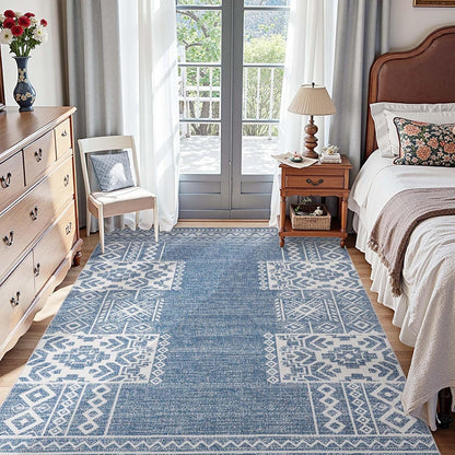 jinchan Area Rug 4x6 Ultra-Thin Washable Vintage Boho Geometric Entryway Rug Non-Slip Non-Shedding Carpet for Living Room Bedroom Blue Ivory