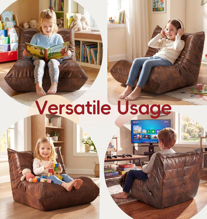 Hobestluk Giant Bean Bag Chair Lazy Floor Sofa, Memory Foam Fireside Sofa for Adults, Big Beanbag Faux Leather Armless Chair for Living Room Bedroom Dorm Office (Brown, Single)