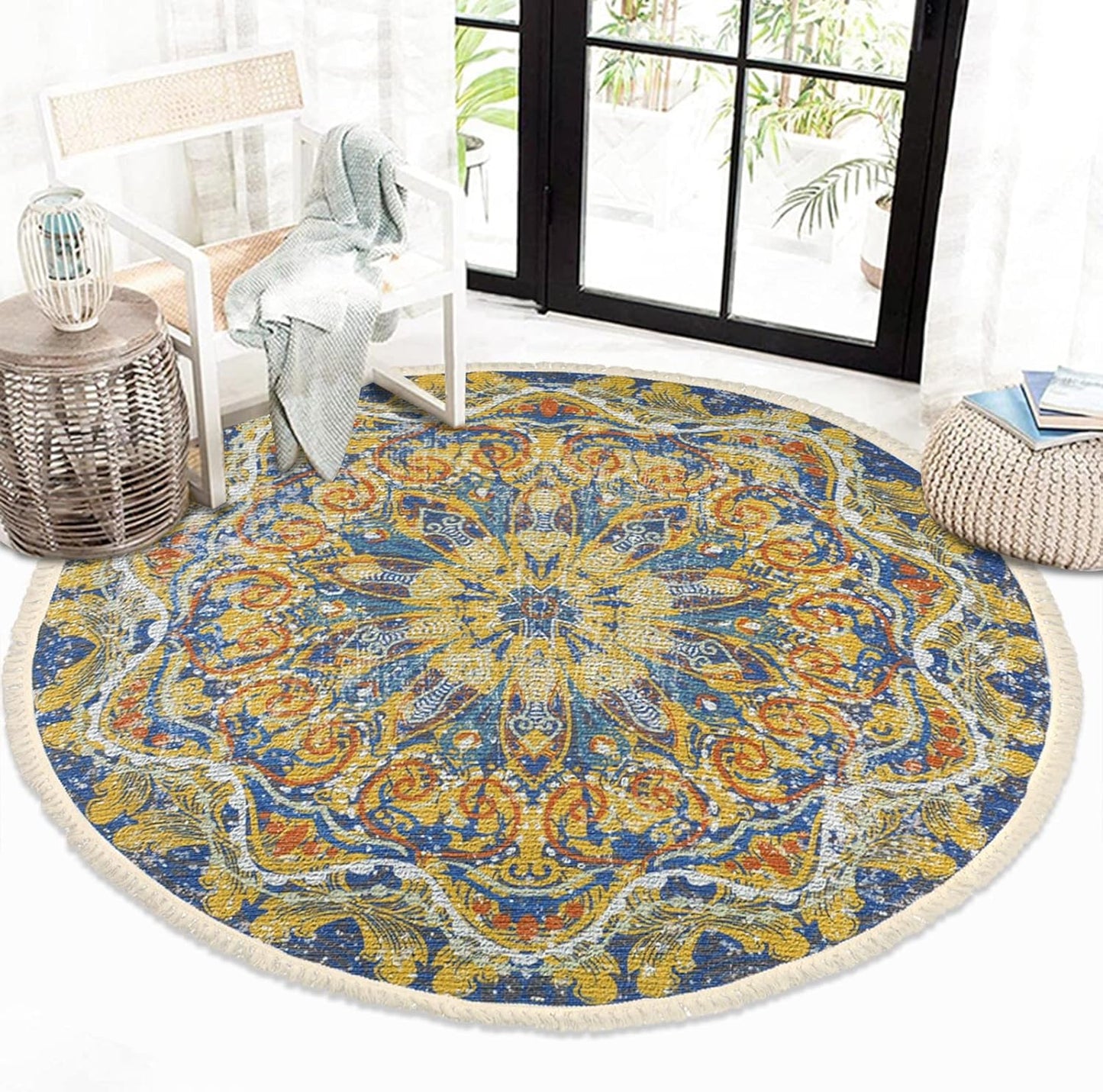 Boho Rug 5Ft Round Bedroom Carpet Circle Nonslip Farmhouse Area Rug Rustic Mandala Floor Mat for Living Room Locker Room Tassel Yoga Throw Rugs Washable Doormat, Purple