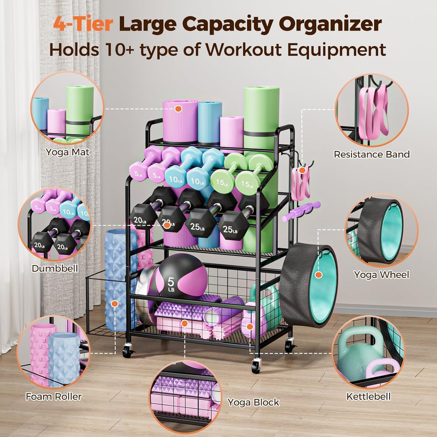 HavenlyYouth Dumbbell Rack, Home Gym Weight Rack Storage, Adjustable Dumbbell Stand Organizer with Wheels, Holds Dumbbells, Kettlebells, Yoga Mats