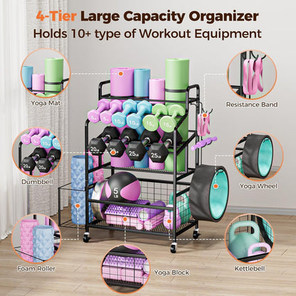 HavenlyYouth Dumbbell Rack, Home Gym Weight Rack Storage, Adjustable Dumbbell Stand Organizer with Wheels, Holds Dumbbells, Kettlebells, Yoga Mats