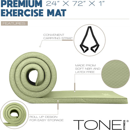 Tone Fitness 1-Inch Thick Yoga Mat | High-Density, Non-slip Exercise Mat with Carrying Strap for Yoga, Pilates, & Home Gym Workouts | Multiple Options