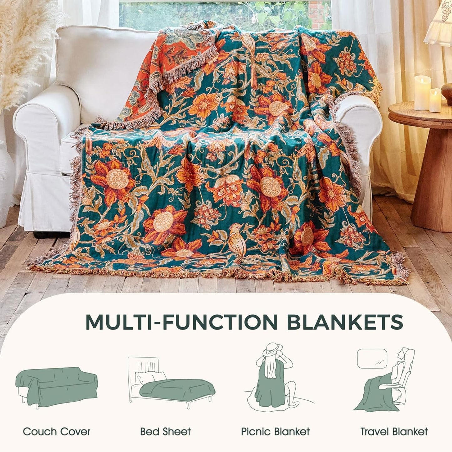 Boho Throw Blanket - 100% Cotton Soft Summer Throw Blanket for Bed, 50"x60" Reversible Breathable Lightweight Blankets, All Seasons Farmhouse Decor Floral Plant Butterfly Throw Quilt