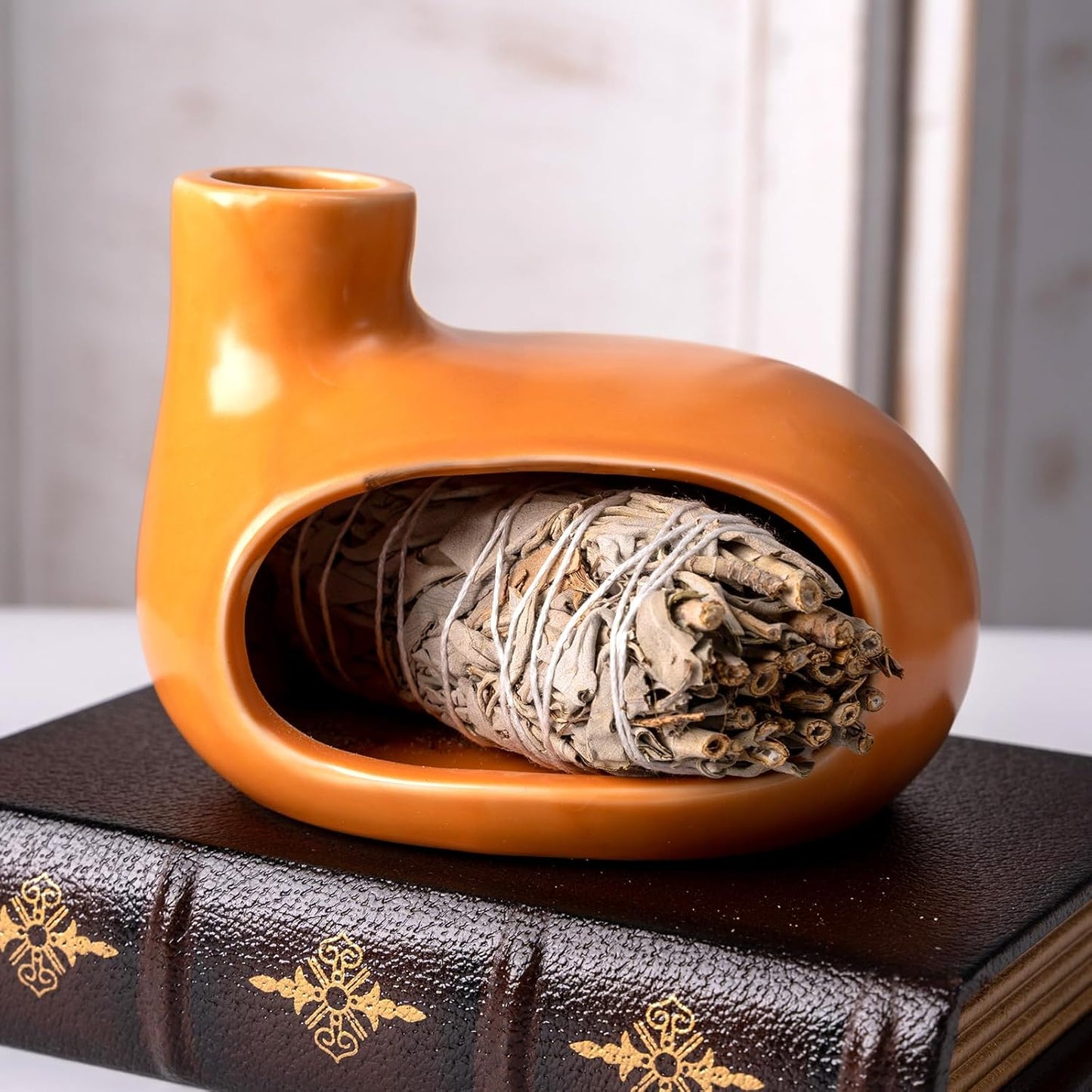 MOUGIGI Terracotta Palo Santo Holder - Modern Chiminea Incense Burner for Yoga, Meditation, and Energy Cleansing - Wood Sticks Dish, Sage Ash Catcher, Smudge Bowl, Cone Burner - Unique Meditation Gift