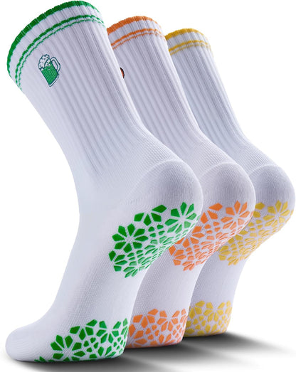 Pilates Grip Socks for Women - Embroidery Athletic Crew, Non-Skid Sticky Soles for Yoga, Barre, Workout & Hospital
