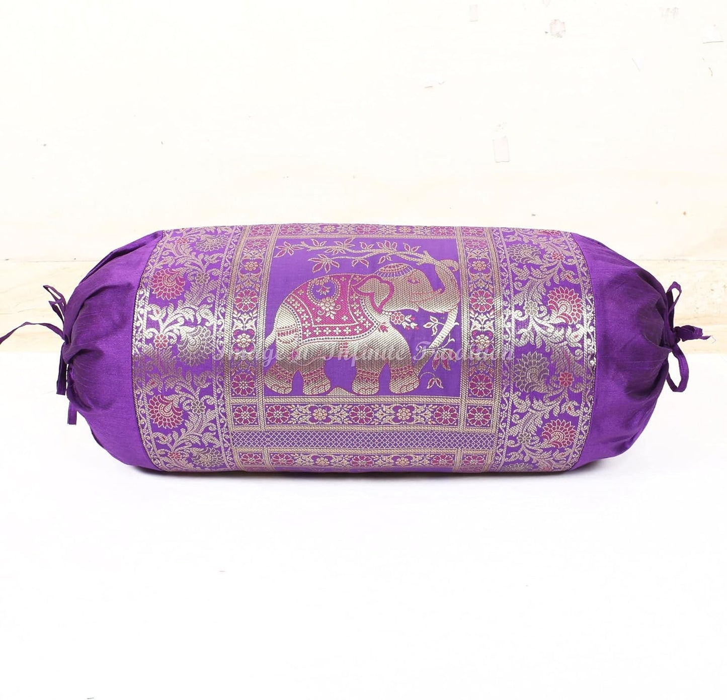 Indian Silk Bolster Tube Pillow Cover Cylindrical Purple Yoga Large Couch Round Decorative Cushion Cover Home Decor Living Room Elephant Throw Cushion Cover 30x15 inch (76x38cm) - 1 Pc.