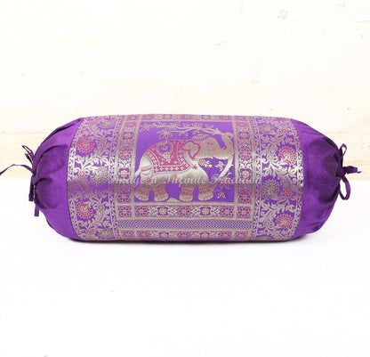 Indian Silk Bolster Tube Pillow Cover Cylindrical Purple Yoga Large Couch Round Decorative Cushion Cover Home Decor Living Room Elephant Throw Cushion Cover 30x15 inch (76x38cm) - 1 Pc.