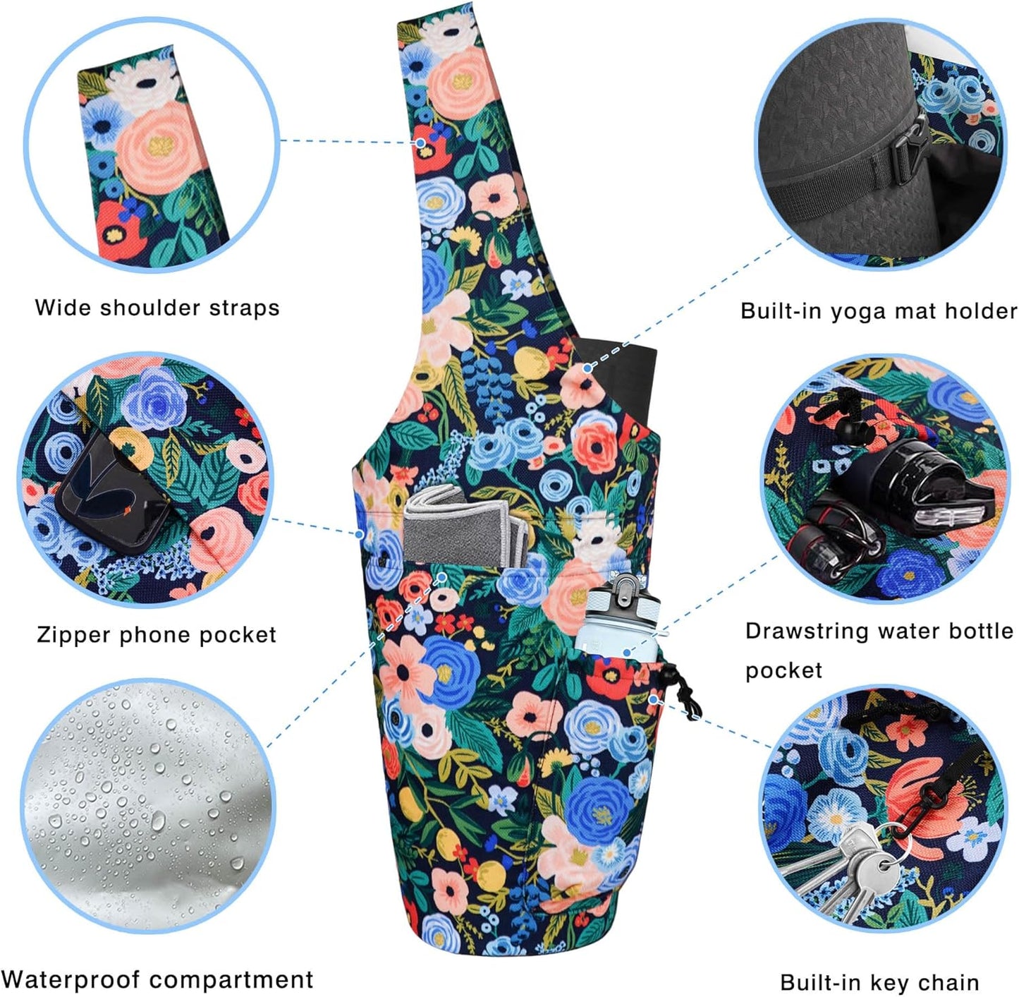 Yoga Mat Bag - Large Opening Long Tote Yoga Mat Carrier Holder Bag with Waterproof Wet Zipper Pocket and Drawstring Water Bottle Pocket - Yoga Bag Fit Most Size Mats