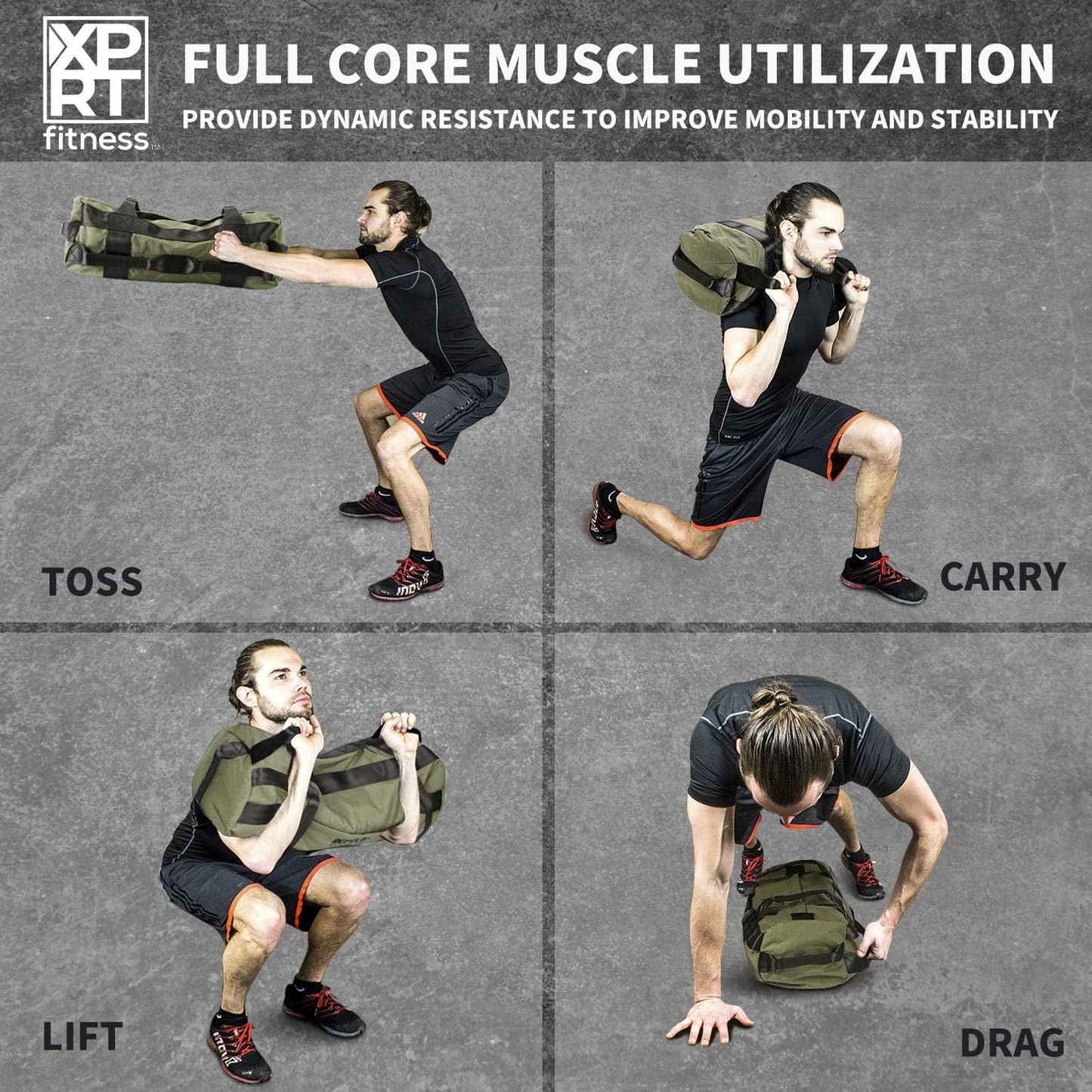 XPRT Fitness Workout Sandbag for Heavy Duty Workout Cross Training 7 Multi-positional Handles - Color Army Green/Black/Camo