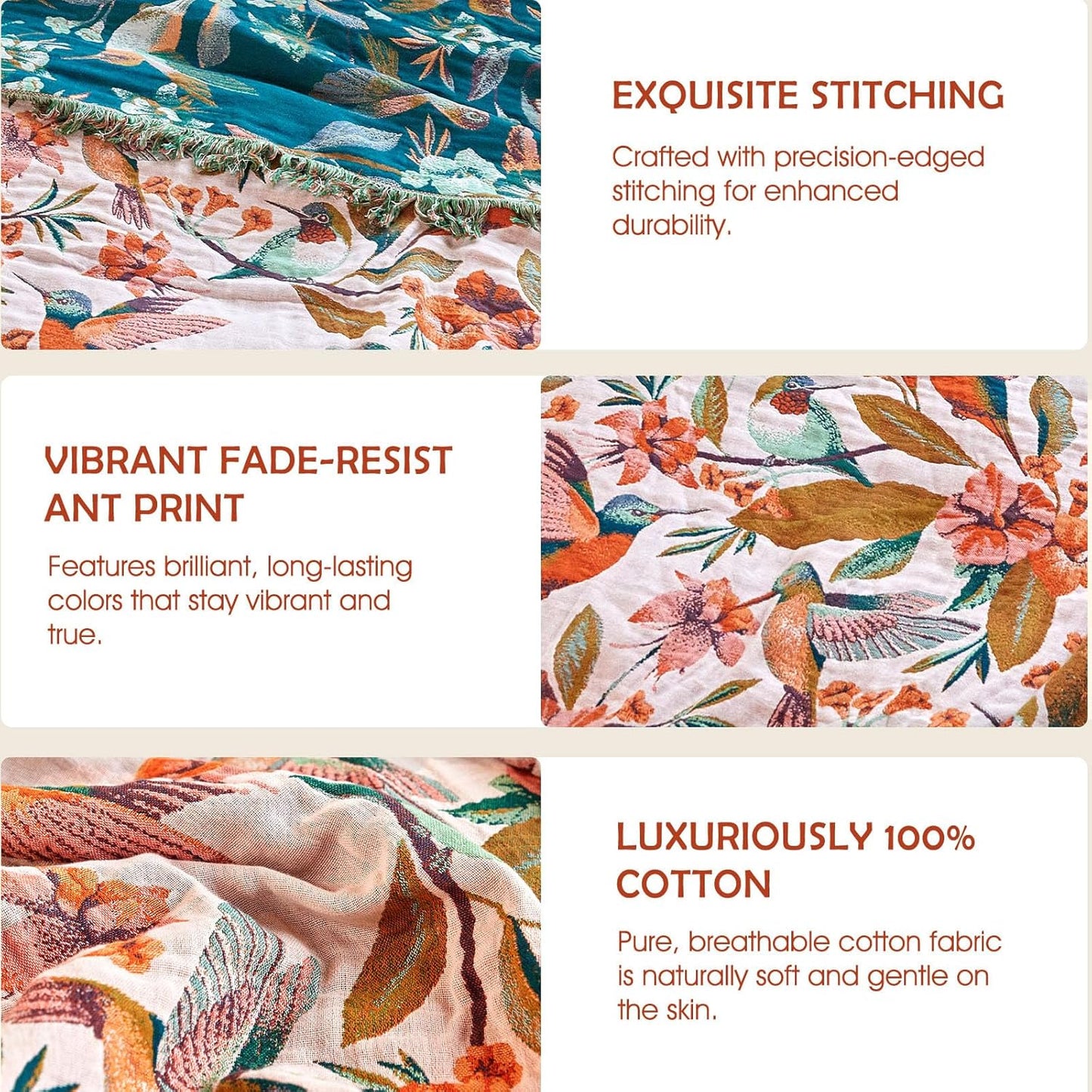 Boho Throw Blanket - 100% Cotton Soft Summer Throw Blanket for Bed, 50"x60" Reversible Breathable Lightweight Blankets, All Seasons Farmhouse Decor Floral Plant Butterfly Throw Quilt