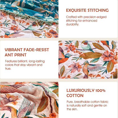 Boho Throw Blanket - 100% Cotton Soft Summer Throw Blanket for Bed, 50"x60" Reversible Breathable Lightweight Blankets, All Seasons Farmhouse Decor Floral Plant Butterfly Throw Quilt