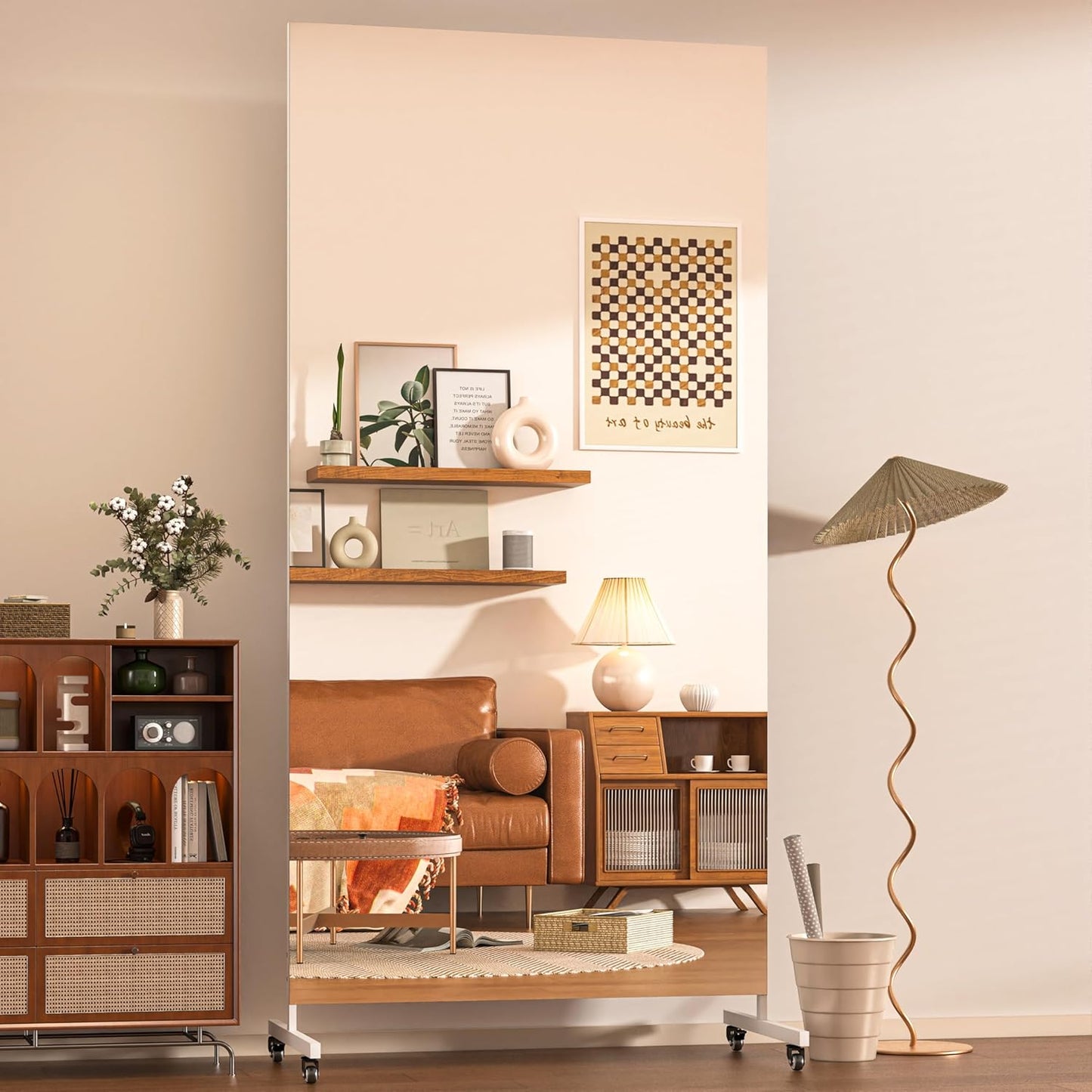 Hasipu Home Gym Mirror with Light 360° Swivel on Wheels, 79" x 32" Extra Large Full Length Rolling LED Mirror for Yoga Studio, Bedroom, Dancing Studio, White