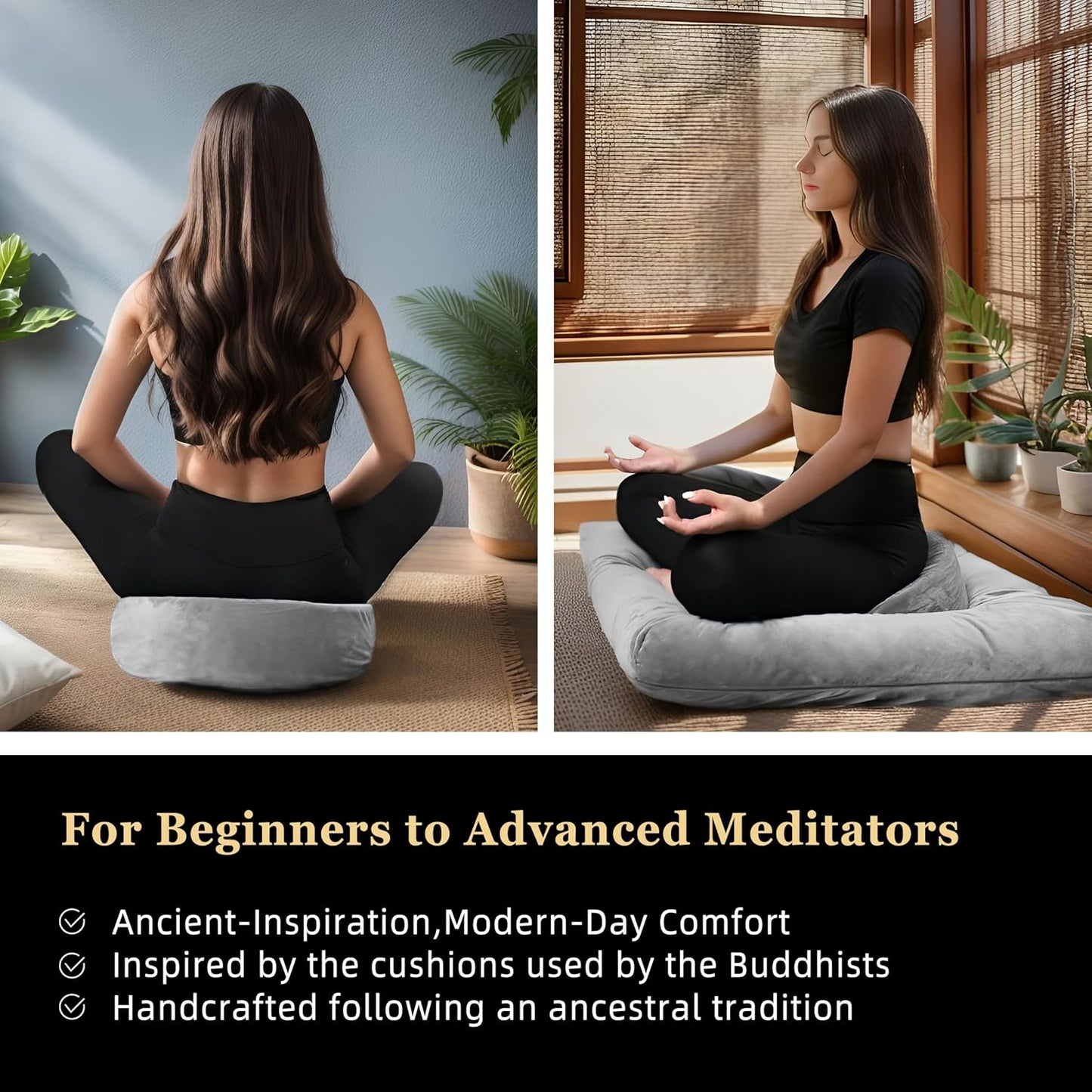 Meditation Cushion Set Zafu & Zabuton – Buckwheat Hull & Memory Foam, Adjustable Floor Pillow for Yoga, Meditation & Sitting, Removable Velvet Cover (Purple)