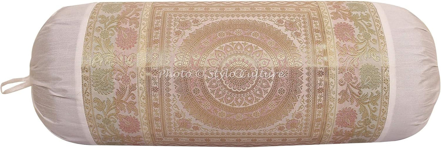Ethnic Polydupion Cylindrical Yoga Bolster Pillow Cover White Jacquard Brocade Border Mandala Large Sofa Round Cylinder Cushion Cover (1 Pc) | 30x15 Inches (76x38 cm)