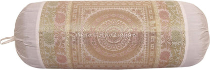 Ethnic Polydupion Cylindrical Yoga Bolster Pillow Cover White Jacquard Brocade Border Mandala Large Sofa Round Cylinder Cushion Cover (1 Pc) | 30x15 Inches (76x38 cm)