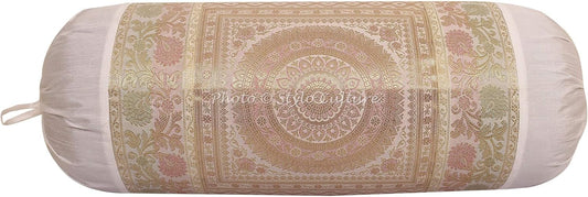 Ethnic Polydupion Cylindrical Yoga Bolster Pillow Cover White Jacquard Brocade Border Mandala Large Sofa Round Cylinder Cushion Cover (1 Pc) | 30x15 Inches (76x38 cm)