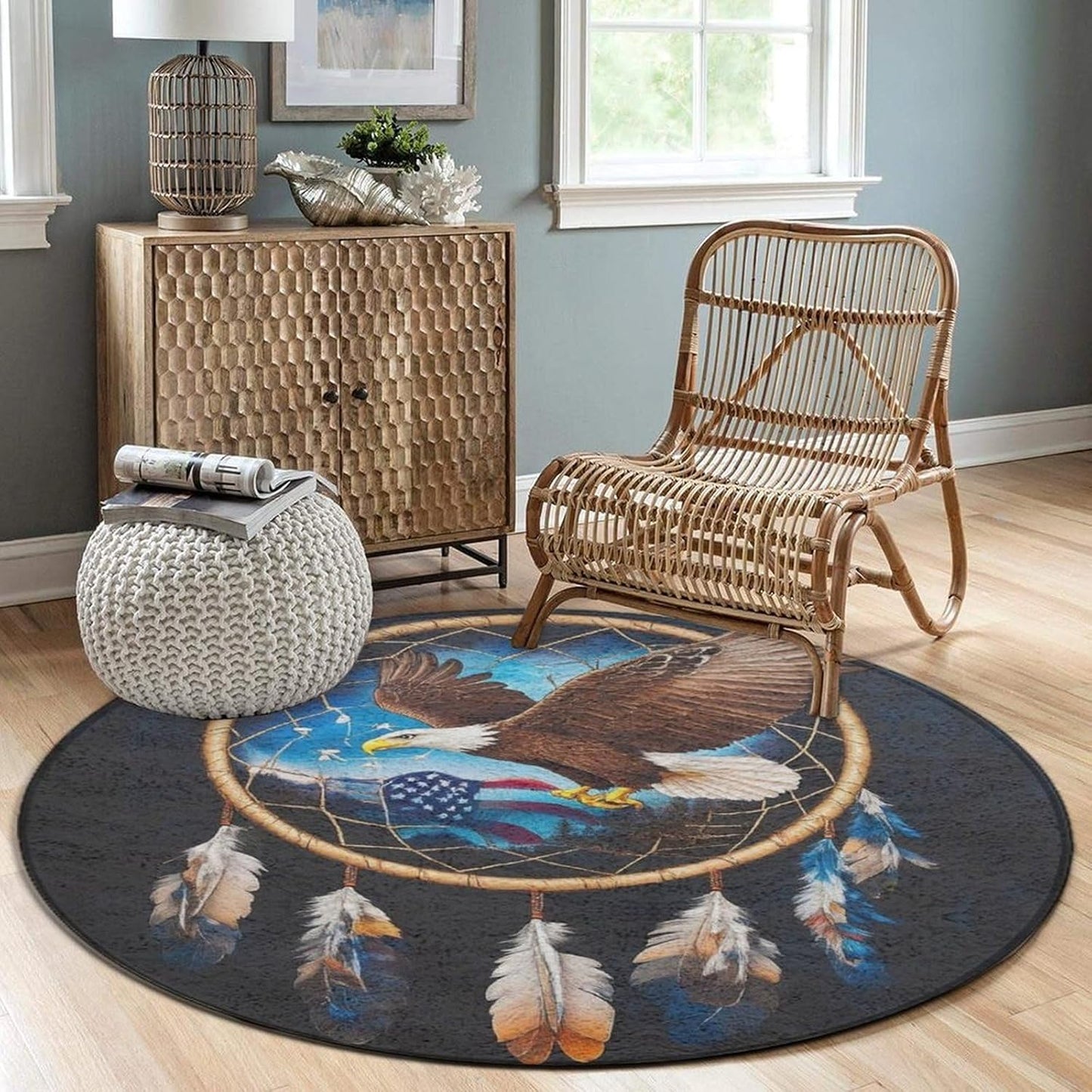 Machine Washable Modern Round Area Rug, Room Sofa Yoga Soft Round Carpet, Home Decor Non Slip Kitchen Office Circle Rug Union Jack Flag UK Mandala Art, 60inch