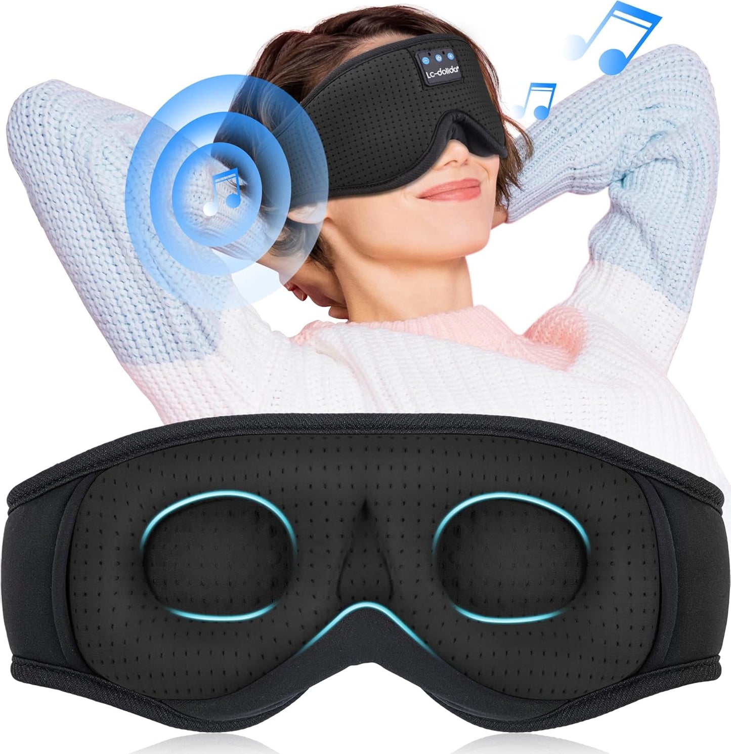 LC-dolida Sleep Headphones, 3D Sleep Mask Bluetooth Wireless Music Eye Mask, Sleeping Headphones for Side Sleepers Sleep Mask with Bluetooth Headphones Ultra-Thin Stereo Speakers Perfect for Sleeping