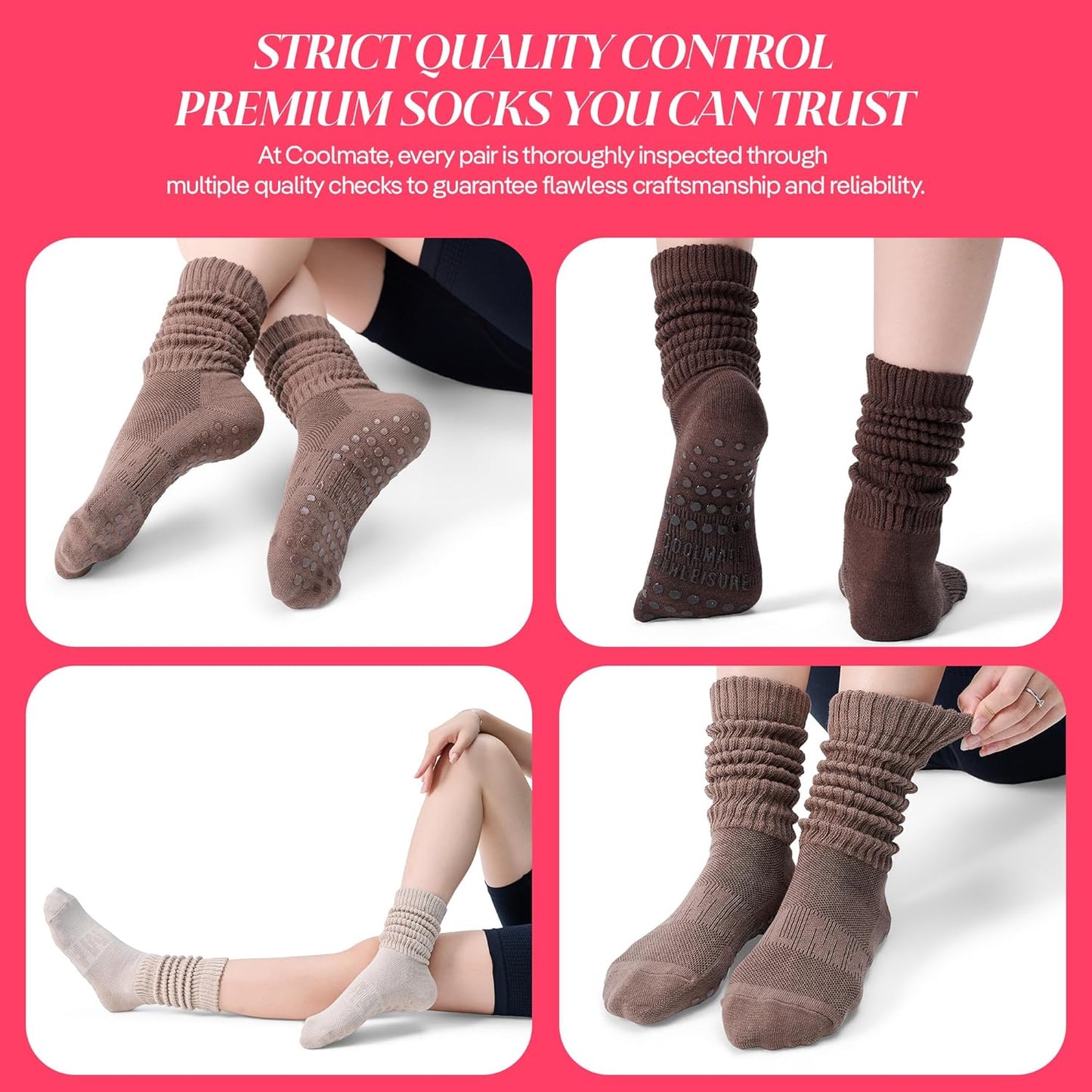 COOLMATE Pilates Socks with Grips for Women, Yoga Socks, Crew Non Slip Women for Barre, Pilates Gifts for Women - Colors B