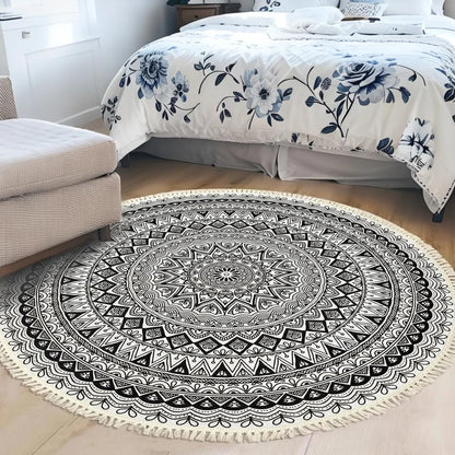 Boho Rug 5Ft Round Bedroom Carpet Circle Nonslip Farmhouse Area Rug Rustic Mandala Floor Mat for Living Room Locker Room Tassel Yoga Throw Rugs Washable Doormat, Purple