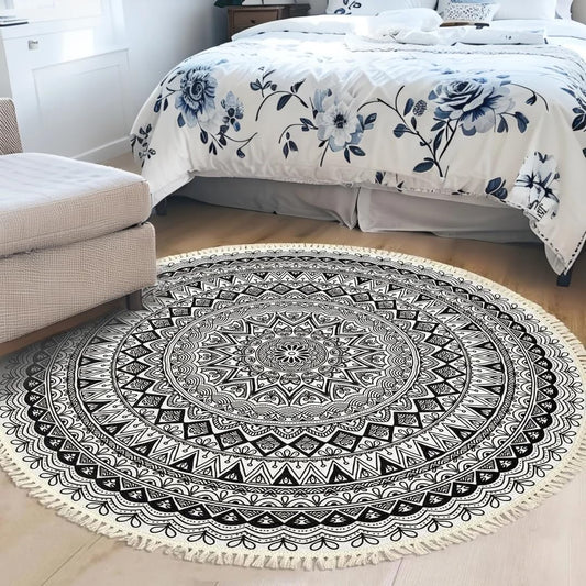 Boho Rug 5Ft Round Bedroom Carpet Circle Nonslip Farmhouse Area Rug Rustic Mandala Floor Mat for Living Room Locker Room Tassel Yoga Throw Rugs Washable Doormat, Purple