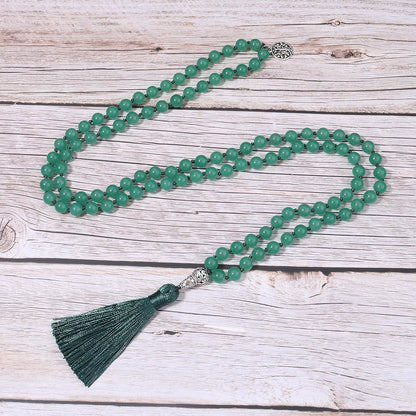 108 Mala Beads Necklace Semi-Precious Gem Stones Meditation Necklace 108 Hand Knotted Japa Mala Beaded Tassel Necklace with Tree of Life Pendant