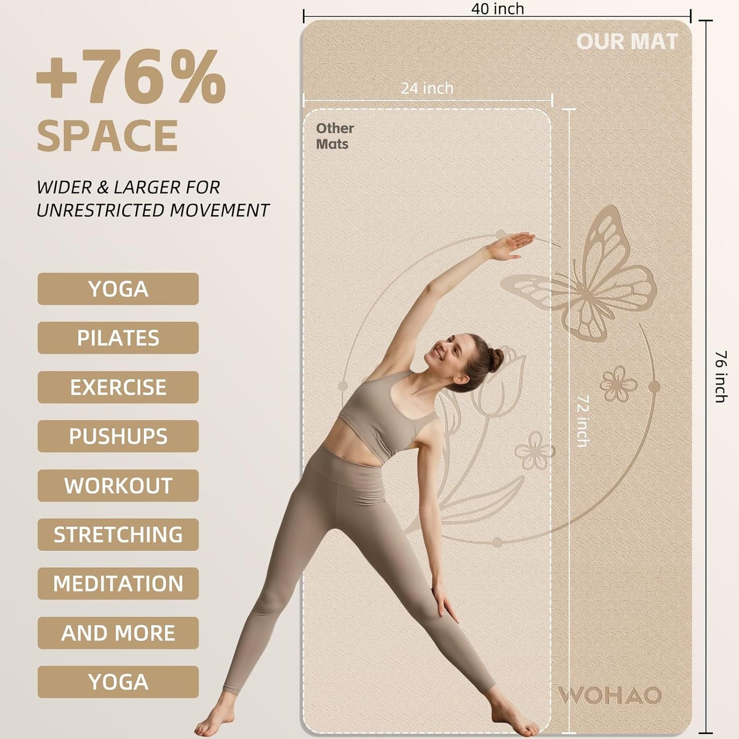 Large 76"x40"x0.4" Yoga Mat - Extra Width & Thick Non-Slip Exercise Mat, Versatile for Stretching, Yoga Studio, Gym, Home & Indoor/Outdoor Workouts