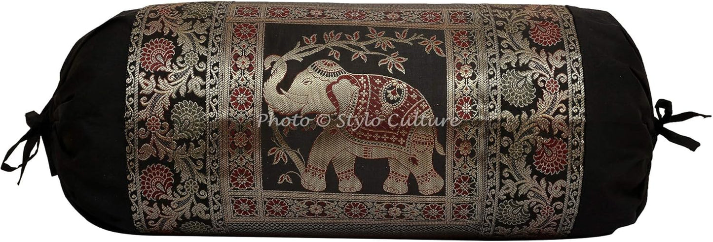 Indian Polydupion Cylindrical Tube Pillow Bolster Pillow Covers Black Jacquard Brocade Border Elephant Large Couch Round Cylinder Cushion Covers (Set of 2) | 30x15 Inches (76x38 cm)